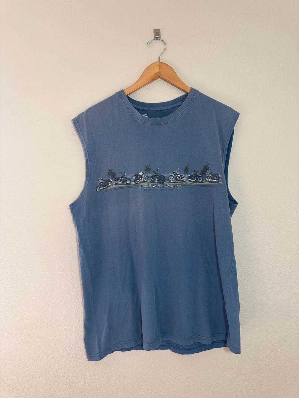 Motorcycle Beach Print Sleeveless Tank Top Blue Large